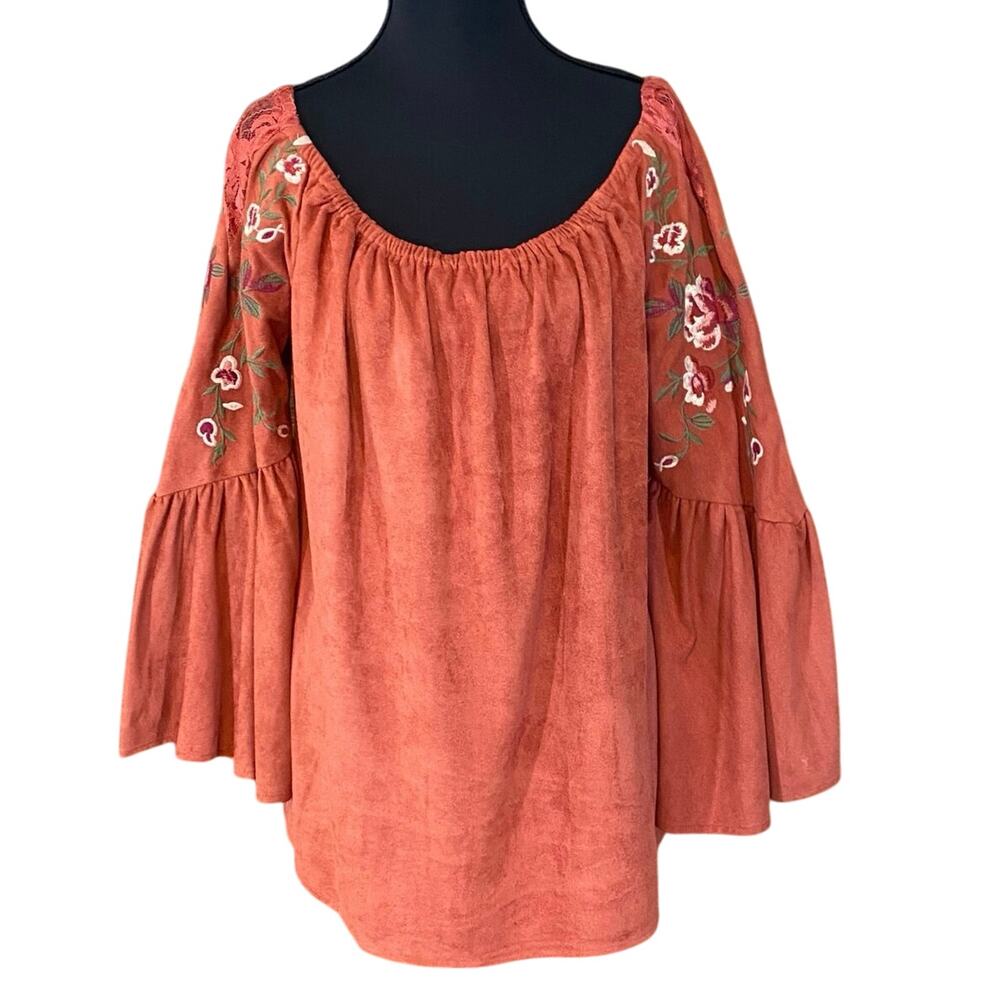 Umgee Rust Orange Peasant Top Bell Sleeve Embroider Floral Boho Small moleskin